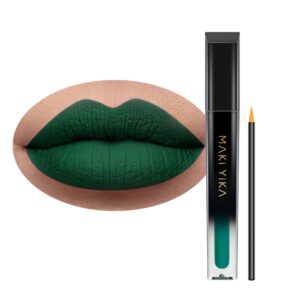 MAKI YIKA Green Lipstick Matte, Dark Green Liquid Lipstick Long Lasting Smudge Proof Lipstick with Brush for Halloween, Cruelty Free Lipstick, FORBIDDEN FOREST