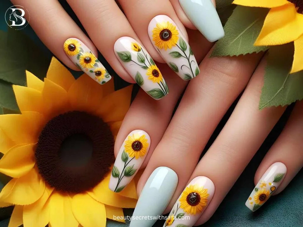 Blooming-sunflowers Blooming Sunflower Nail Designs