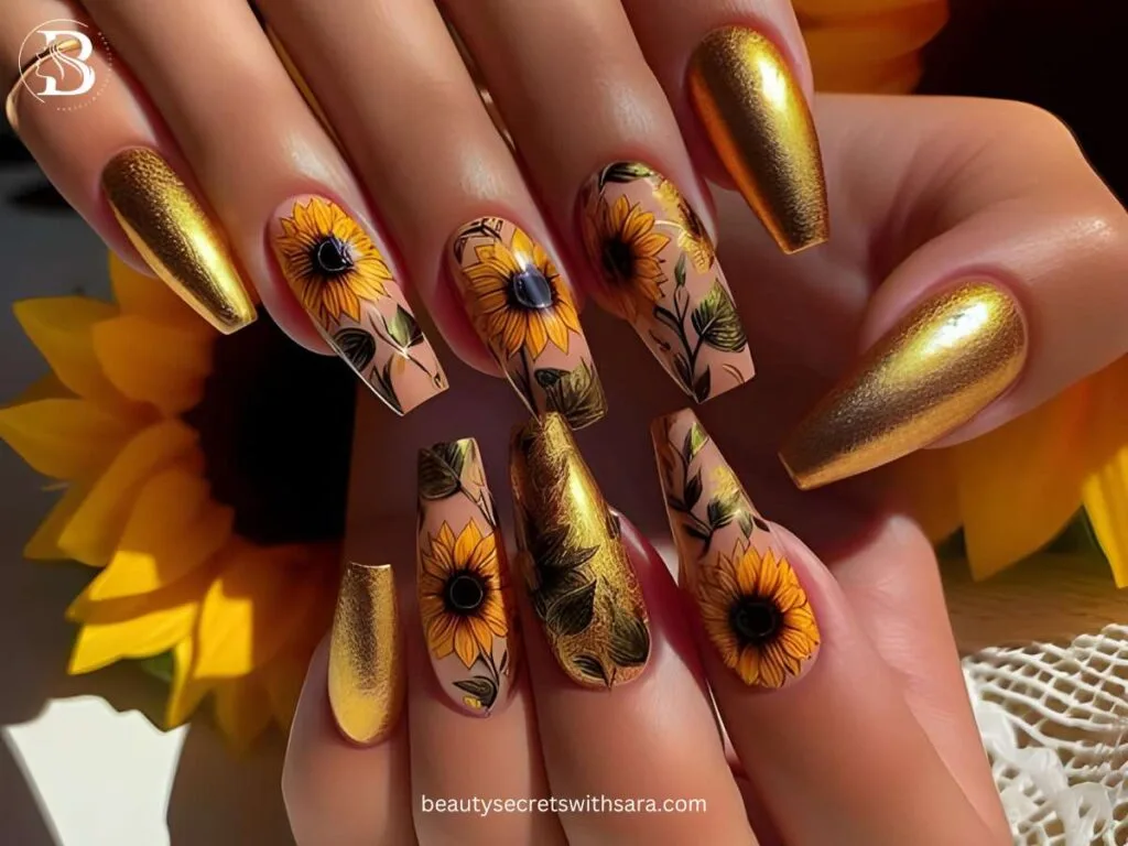 Gold Foiled-sunflowers Gold Foiled Sunflower Nail Designs