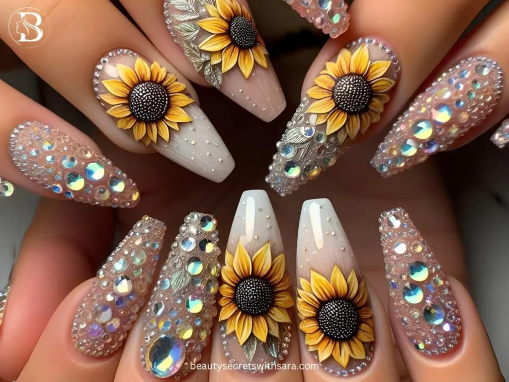 Rhinestone-sunflowers Rhinestone Sunflower Nail Designs