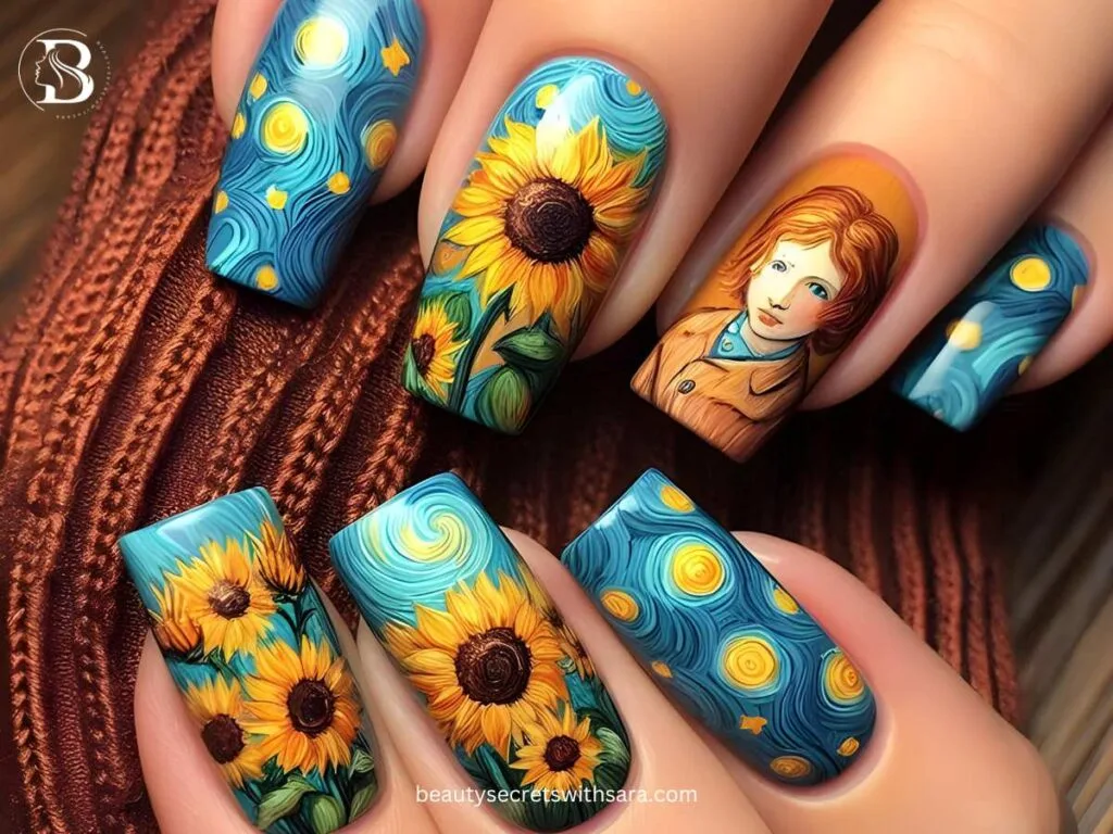 Van-Gogh-Inspired-sunflowers Van Gogh-Inspired Sunflower Nail Designs