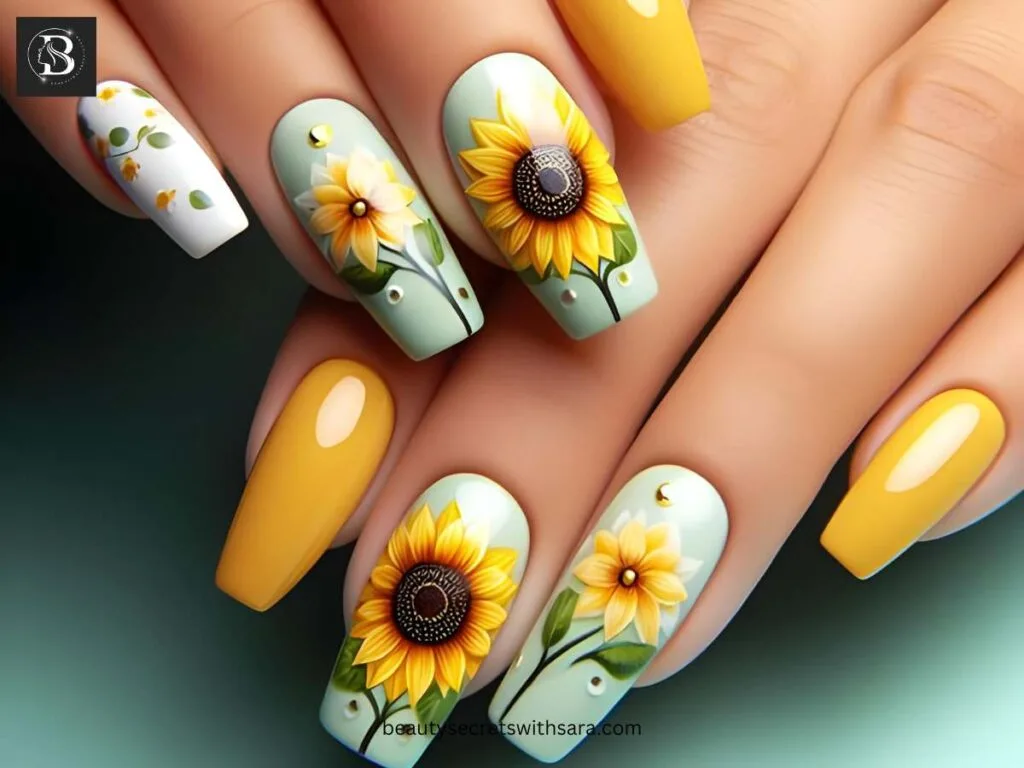 acrylic-sunflowers Acrylic Sunflower Nail Designs