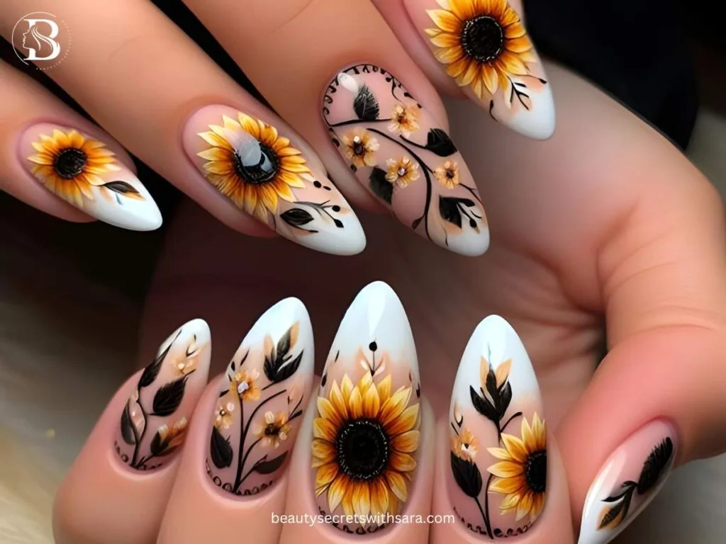 almond-shaped-sunflowers Almond Shaped Sunflower Nail Designs