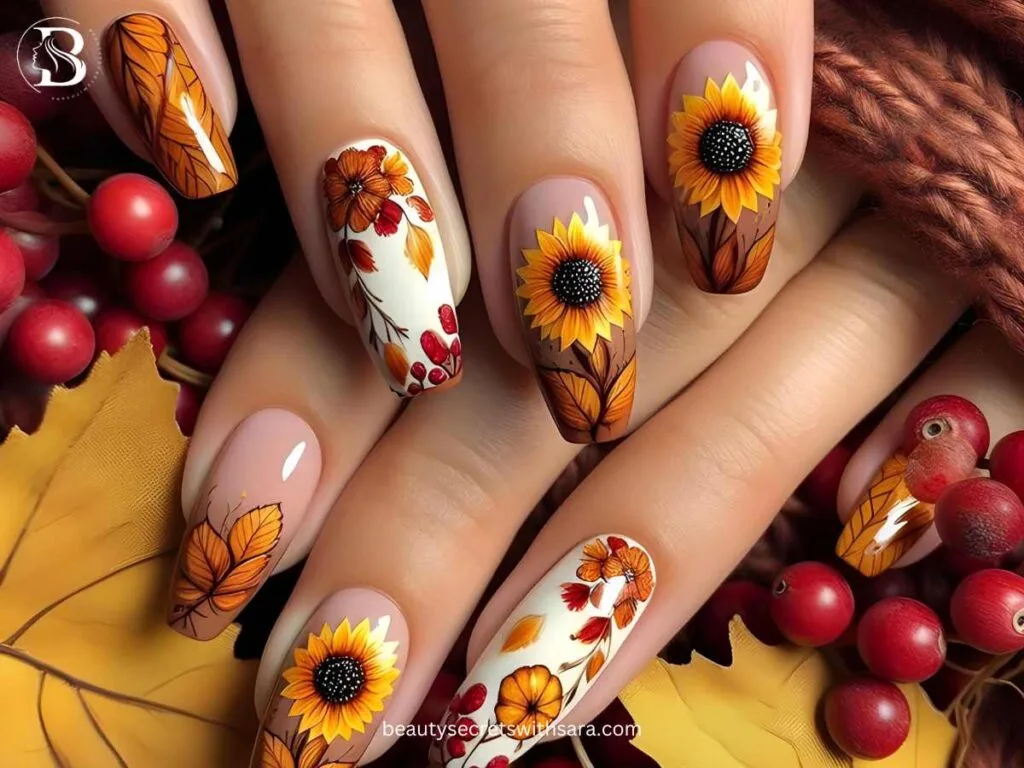 autumn-sunflowers Autumn Sunflower Nail Designs