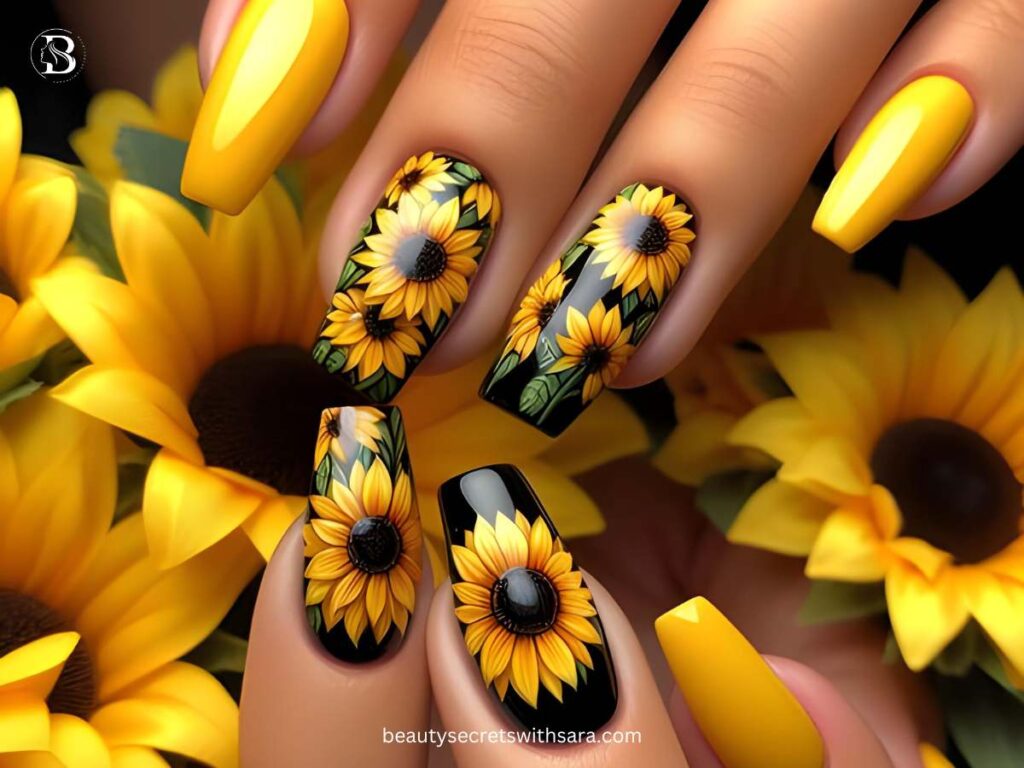 Black And Yellow Sunflower Nail Designs