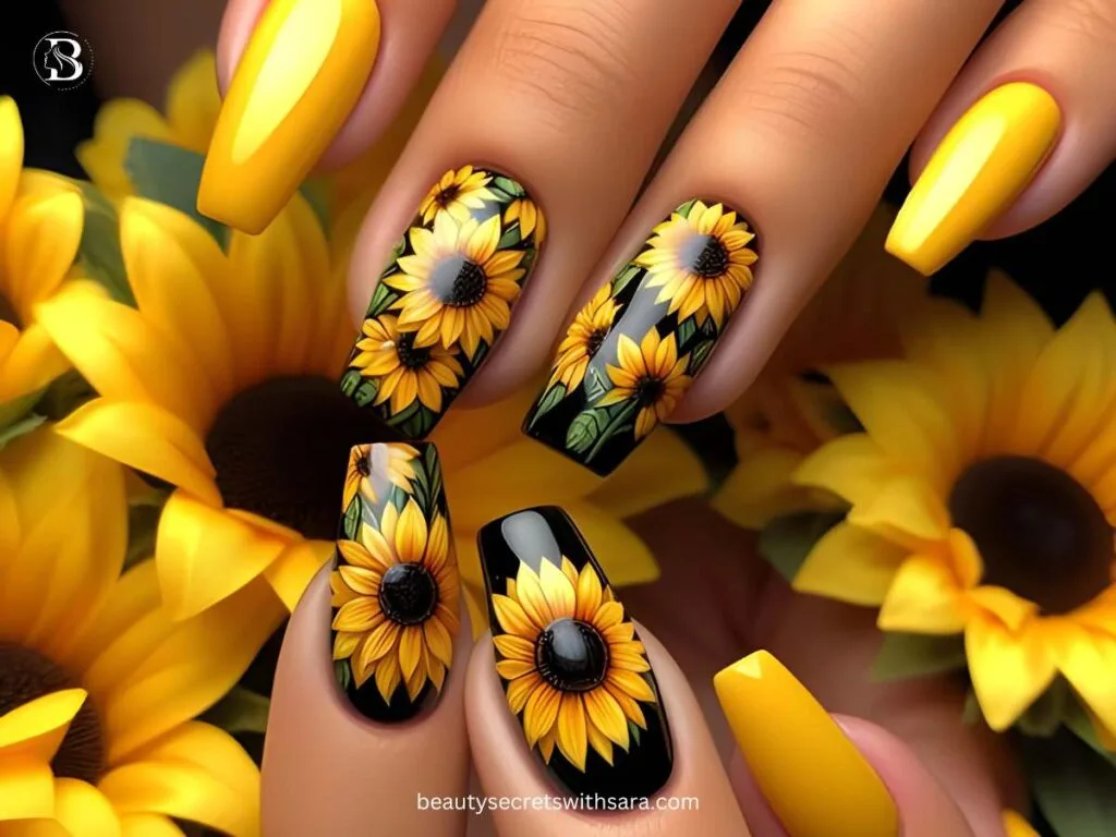 black-and-yellow-sunflowers Black And Yellow Sunflower Nail Designs