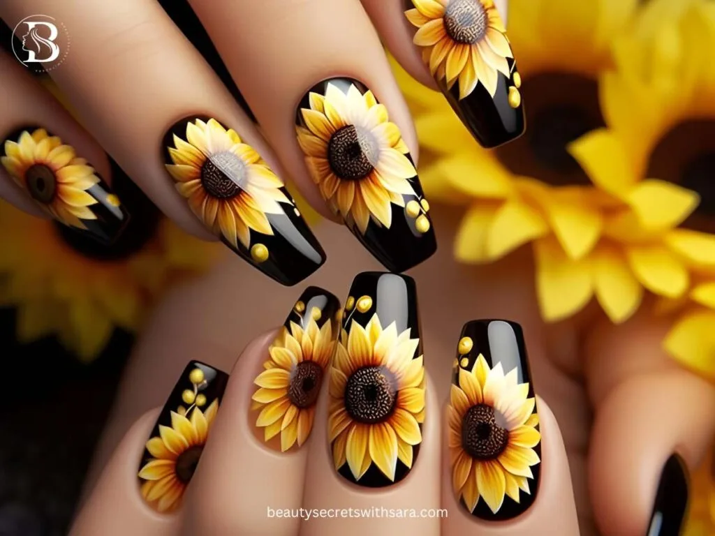 black-matte-sunflowers Black Matte Sunflower Nail Designs