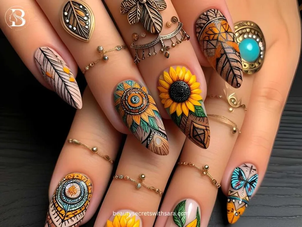 boho-sunflowers Boho Sunflower Nail Design