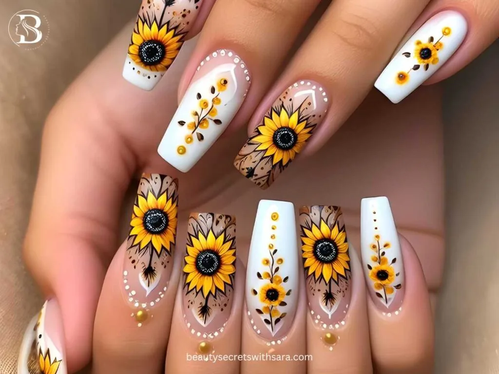 bordered-sunflowers Bordered Sunflower Nail Designs