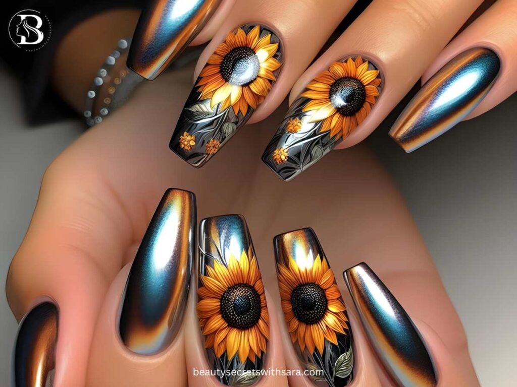 chrome Sunflower Nail Designs