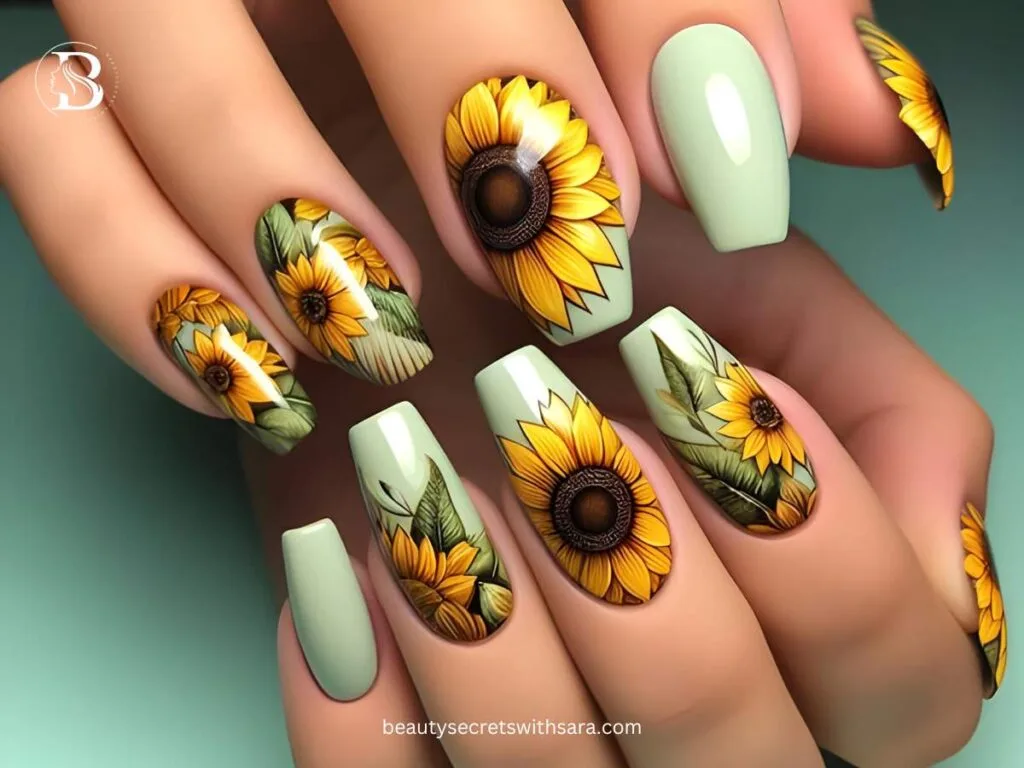 contrast-sunflowers Contrast Sunflower Nail Designs