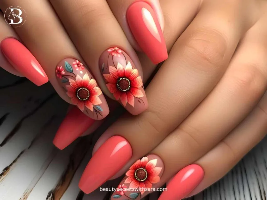 coral-sunflowers Coral Sunflower Nail Designs