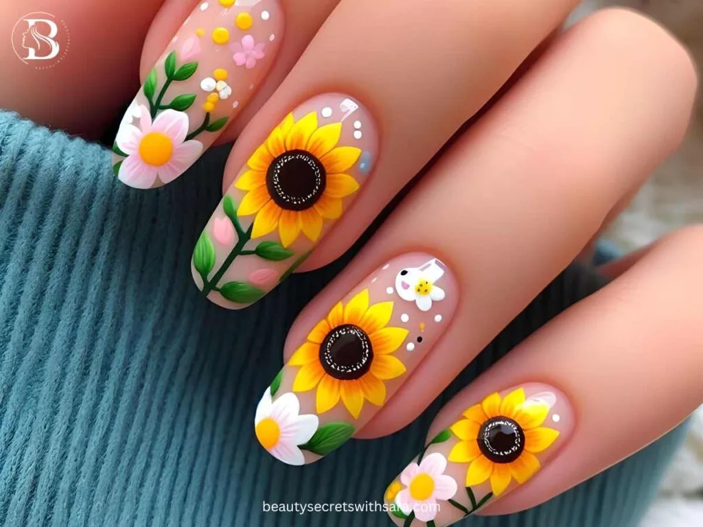 cute-sunflowers Cute Sunflower Nail Designs