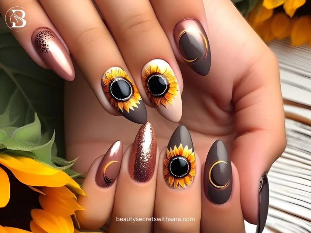 eclipsed-sunflowers Eclipsed Sunflower Nail Designs
