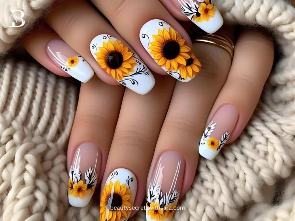 french-tip-sunflowers French Tip Sunflower Nail Designs