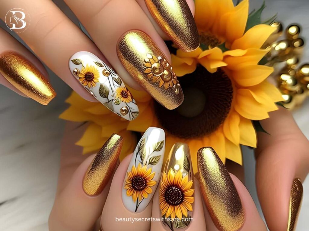 Golden Sunflower Nail Designs