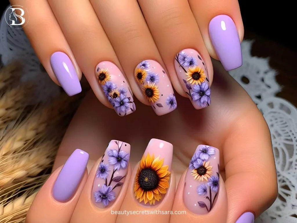lilac-sunflowers Lilac Sunflower Nail Designs