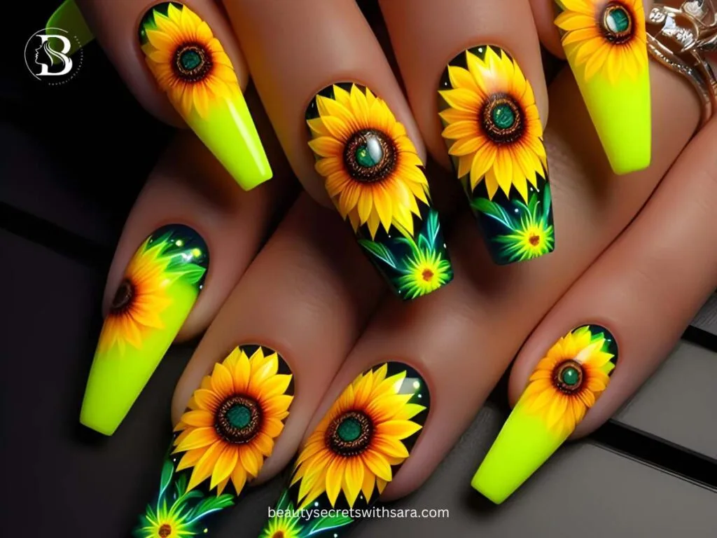 neon-yellow-sunflowers Neon Yellow Sunflower Nail Designs