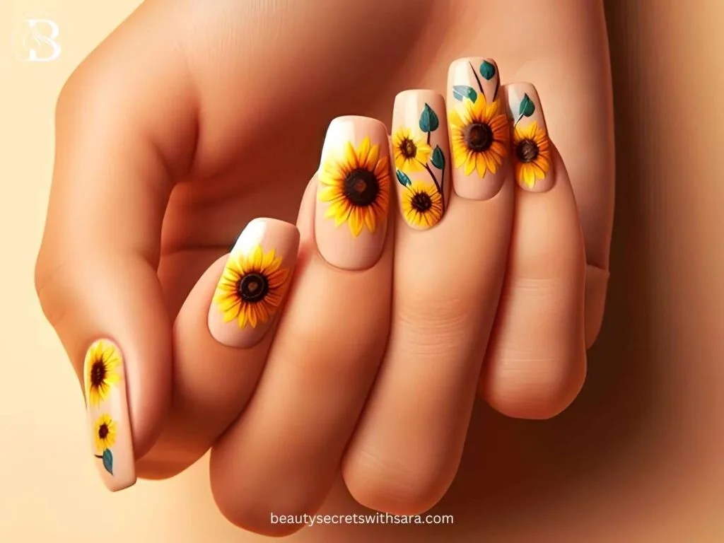 nude-sunflowers Nude Sunflower Nail Designs