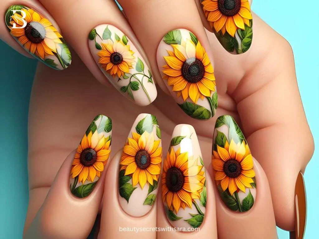 overlapping-sunflowers Overlapping Sunflower Nail Designs