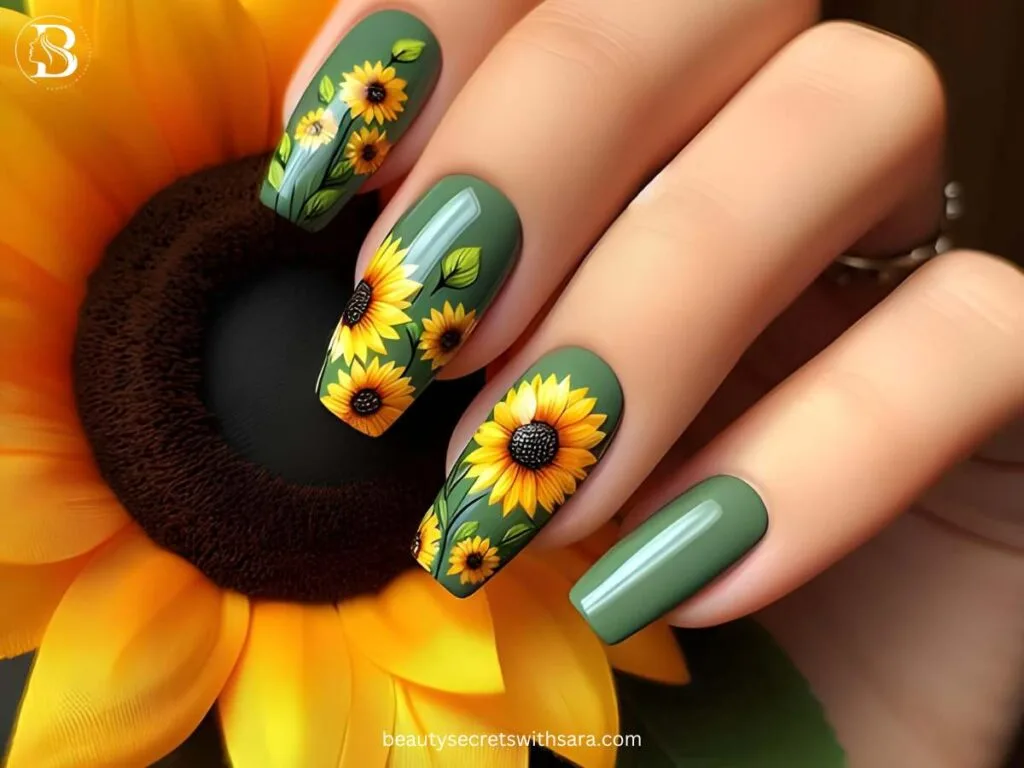parrot-green-sunflowers Parrot Green Sunflower Nail Designs