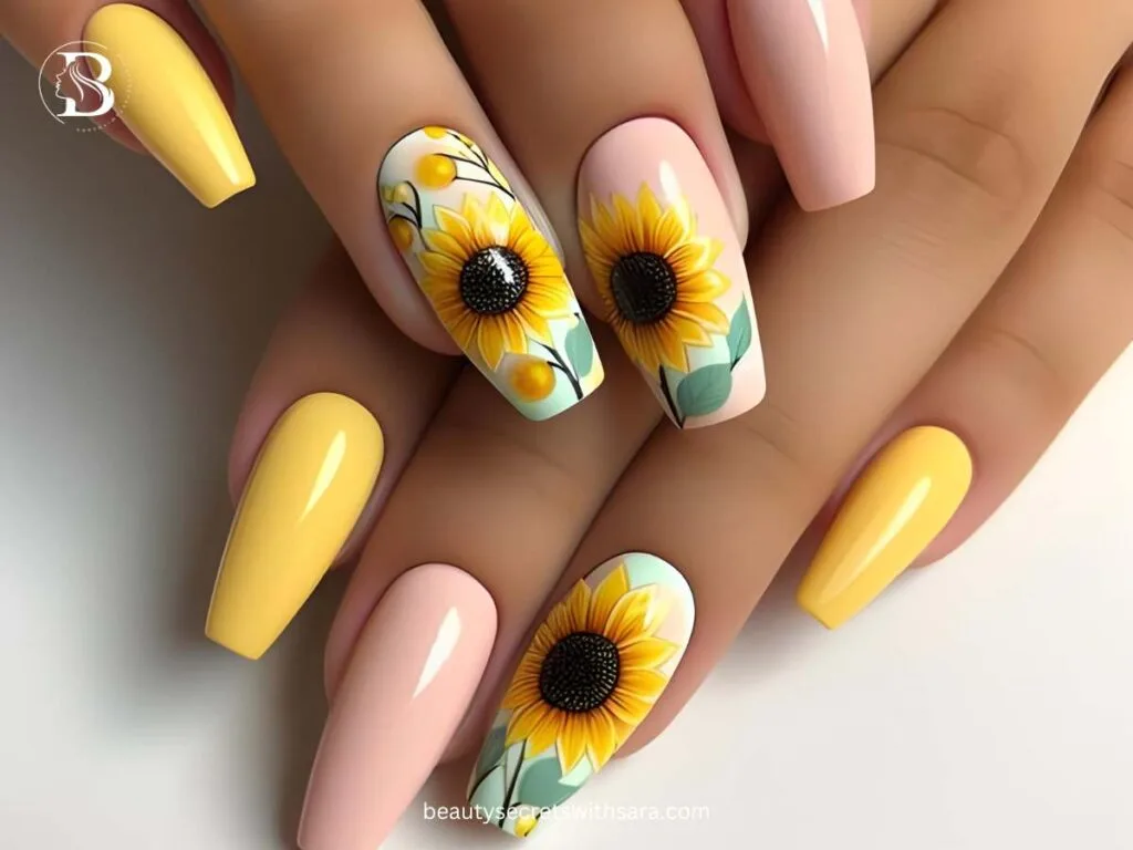 pastel-yellow-sunflowers Pastel Yellow Sunflower Nail Designs