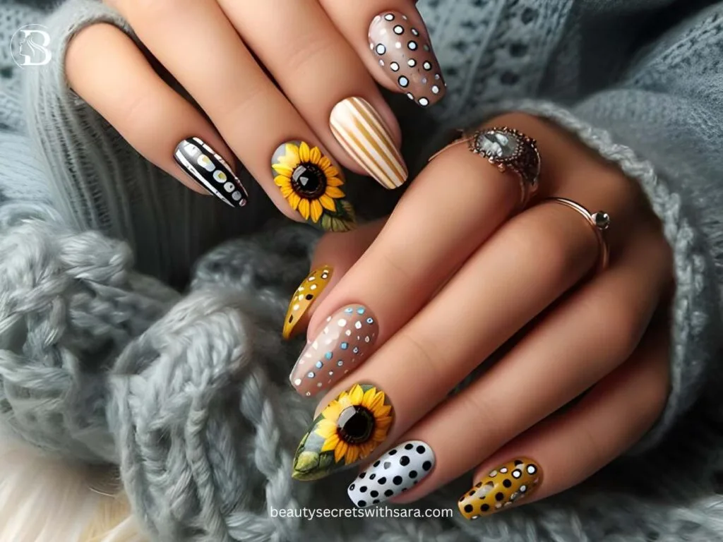 polka-dot-sunflowers Polka Dot Sunflower Nail Designs