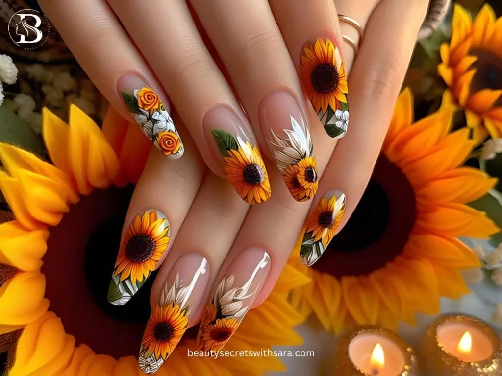 press-on-sunflowers Press-On Sunflower Nail Designs