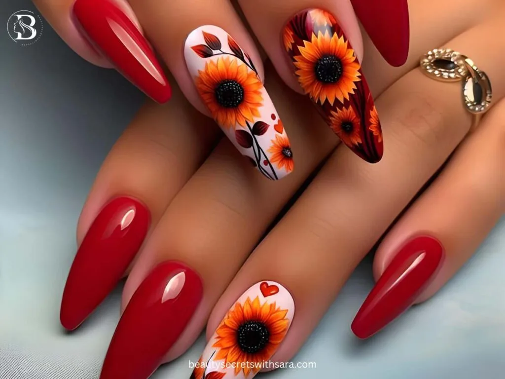 red-sunflowers Red Sunflower Nail Designs