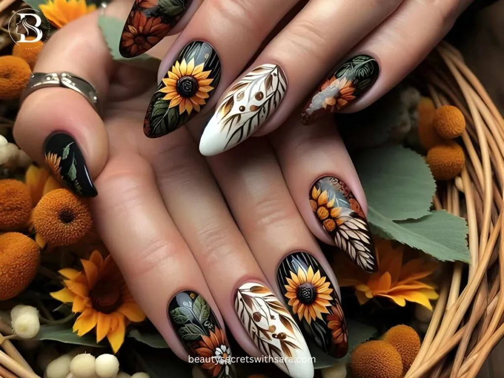 rustic-sunflowers Rustic Sunflower Nail Designs