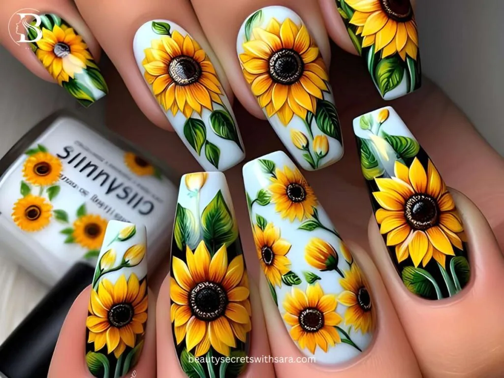 spring-sunflowers Spring Sunflower Nail Designs