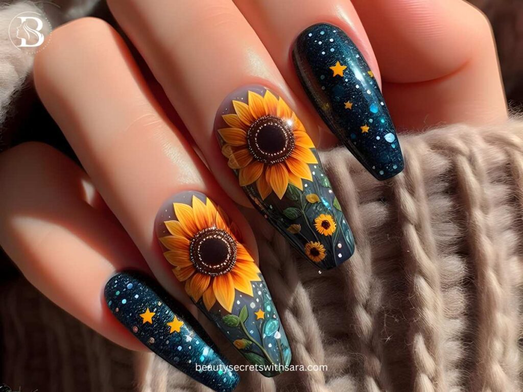 Starry Sunflower Nail Designs