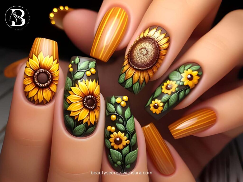 Striped Sunflower Nail Designs