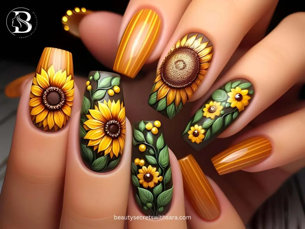 striped-sunflowers Striped Sunflower Nail Designs