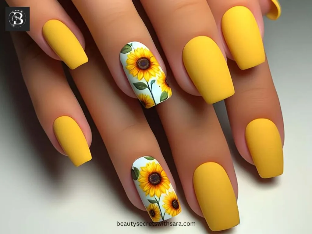 yellow -sunflowers Yellow Sunflower Nail Designs